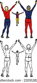 Two friends with raised hand welcome a runner, isolated against white. Hand drawn vector illustration.