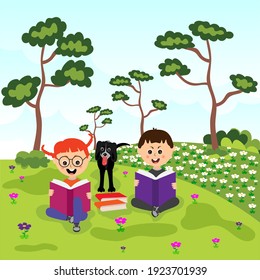 Two friends reading a book on the wildflowers