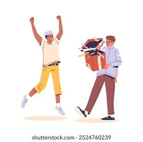 Two Friends Rejoicing With A Surprise Gift Box Conveying Joy And Celebration. Image Showcases Happiness And Friendship