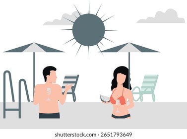 Two friends relax with drinks in a pool, their laughter echoing in the tranquil water as they sip and swim under the warm afternoon sun.