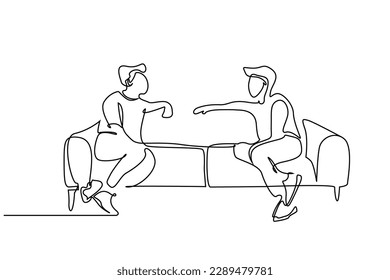 two friends relax sitting on sofa talking home sofa front view line art