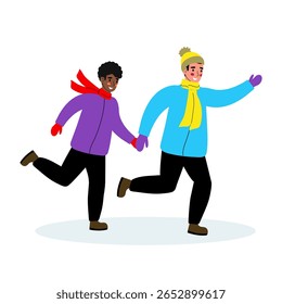 Two friends running outdoors in winter clothing while holding hands on a snowy day in a park setting