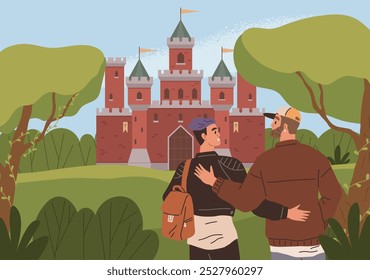 Two friends are seen embracing in front of a large castle surrounded by greenery and trees. Ideal for themes of friendship, travel, adventure, outdoor activities, and exploration. Simple pastel style