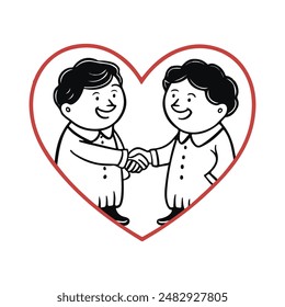 Two friends shaking hands inside a love shape, Vector Illustration