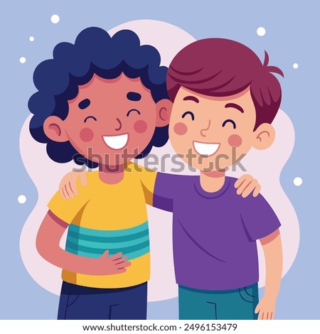 Two friends share a heartwarming moment, standing close together. Friendly Embrace.