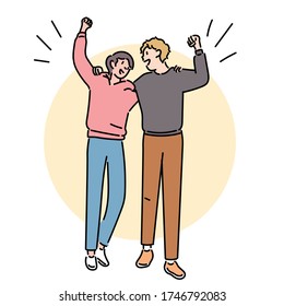 The two friends are shoulder-bringing and raising one hand. Friendship of two boys. hand drawn style vector design illustrations. 