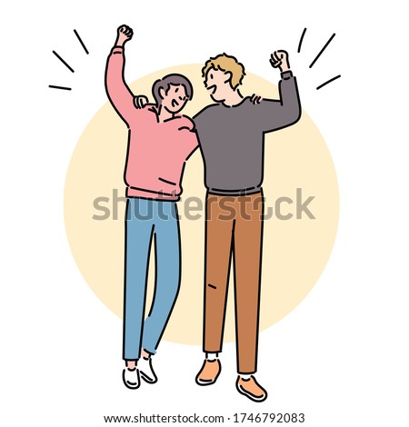 The two friends are shoulder-bringing and raising one hand. Friendship of two boys. hand drawn style vector design illustrations. 