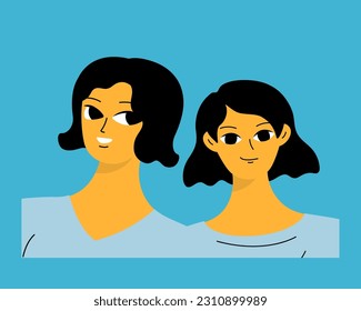Two friends, sisters or colleagues. Girls with happy faces. Simple vector illustration in cartoon style
