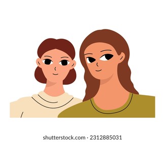 Two friends, sisters or colleagues. Girls with happy faces. Simple vector illustration in cartoon style

