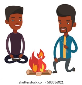 Two friends sitting around bonfire. Young friends having fun in camping. Tourists relaxing near campfire. Concept of travel and tourism. Vector flat design illustration isolated on white background.