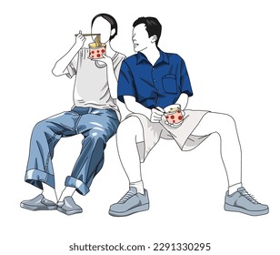 Two friends sitting enjoying noodles vector