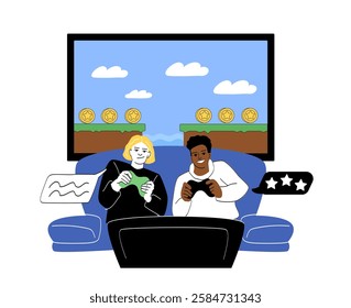 Two friends sitting on a couch playing video games with controllers, enjoying a gaming session. A screen displays a platform game. Fun concept