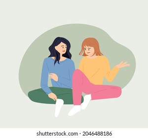 Two friends are sitting on the floor, talking about their worries, conversing and comforting them. hand drawn style vector design illustrations. 