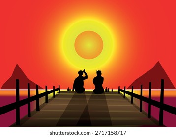 Dos amigos sentados en el muelle al atardecer bebiendo cerveza, Ilustración vectorial plana
