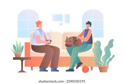 Two friends sitting on a sofa, one holding a cat. Flat design style on white background. Concept of friendship and pet companionship. Vector illustration