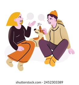 Dos amigos sentados juntos y charlando felices. Una amiga con una sonrisa en la cara le cuenta una historia al novio. Un perro escucha la conversación mientras uno de los amigos la acaricia