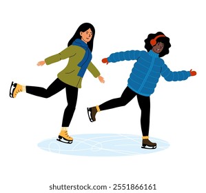 Dos amigos patinando alegremente en una pista de hielo durante el invierno