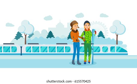 Two friends with skis at the railway winter station, waiting for the arrival of the train for departure to the ski resort. Modern vector illustration isolated in cartoon style.