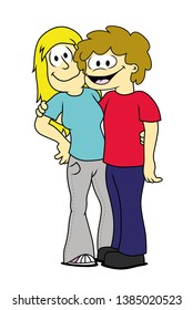 Two friends smiling and hugging. Couple of friends. Boy and girl. Cartoon vector illustration isolated on white background.