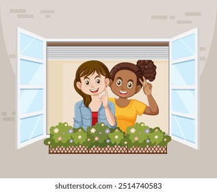 Two friends smiling and posing at window