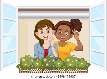 Two friends smiling and waving from a window