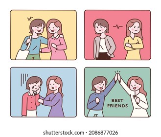 Two friends are spending a lot of time together. flat design style vector illustration.