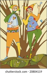 Two friends standing near a tree