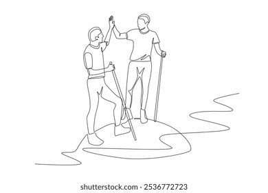 Two friends standing on a river rock. River trekking concept one-line drawing