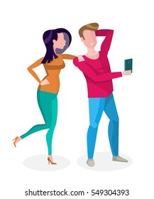 Two Friends Standing with a Phone. Vector Isolated Illustration on White Background.