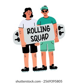 Two friends standing together with the text rolling squad on the board, flat sticker 