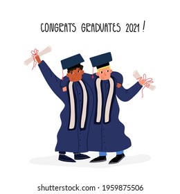 Two friends, students in bachelor square caps and academic gowns happily hugs and holds their diplomas. University, high school graduation concept.
