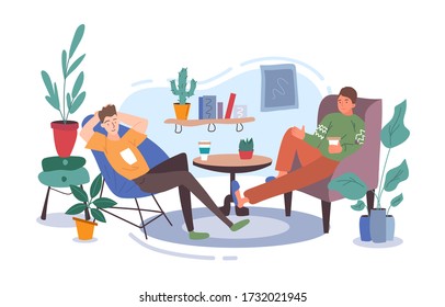 Two friends, students, workers or colleagues sitting in the comfortable chair in office or at home, resting after a work or taking a break. Vector colored cartoon flat illustration.