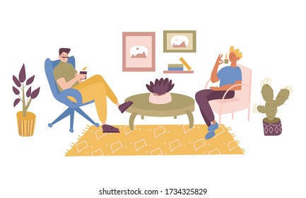 Two friends, students, workers or colleagues sitting in the comfortable chair in office or at home, resting after a work or taking a break, reading and drinking coffee. Vector flat illustration.