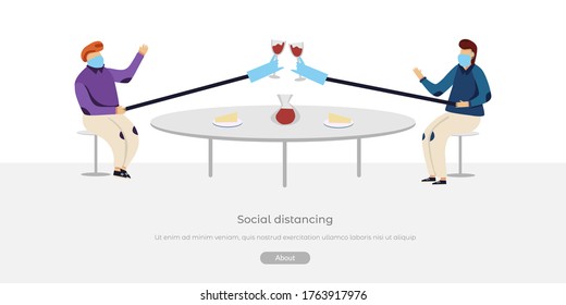 Two friends at the table drink wine with hand sticks helps. Fun flat vector concept about social distancing, quarantine, preventive measure. For banner, poster, landing page. Keep distance, stay safe.