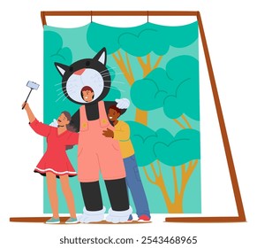 Two Friends Take A Selfie With A Person Dressed In A Giant Cat Costume At A Fair. The Playful Photo Opportunity Showcases The Festive And Entertaining Spirit Of Carnival, Creating Memorable Experience