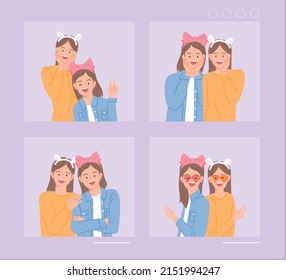 Two friends are taking funny pictures in a photo booth. flat design style vector illustration.