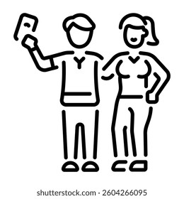 Two friends taking a mobile selfie, linear style icon 