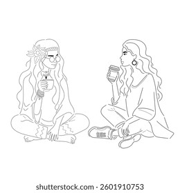 Two friends talking and drinking coffee
