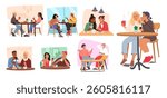 Two friends talking gossiping having nice conversation while drinking coffee in cafe cartoon scene set. People characters leisure activity and relaxation together in cafeteria vector illustration