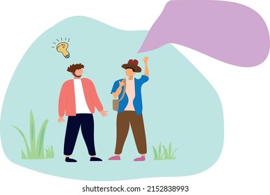 two friends are talking on the street. Hey! I have a great idea. Vector graphics. picture. people walking in the park