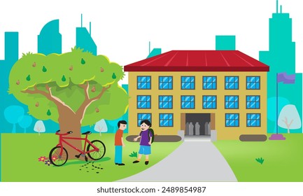 Two friends talking outside a building. Editable Clip Art.