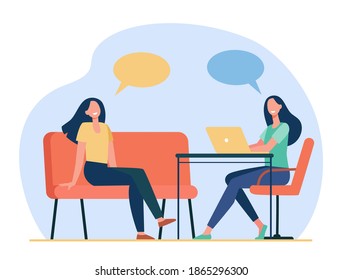 Two friends talking, sitting and using laptop. Speech bubble, chair, computer flat vector illustration. Friendship or communication concept for banner, website design or landing web page