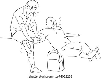 Dos amigos hablando juntos sobre fondo blanco.