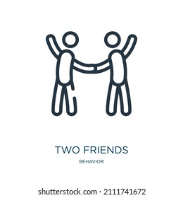 two friends thin line icon. friendship, two linear icons from behavior concept isolated outline sign. Vector illustration symbol element for web design and apps.