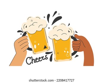 Two friends toast with with beer mugs. People celebrating Oktoberfest festival. Have a beer with your friends. Design for banner, poster, greeting cards, party invitations. Cheers lettering phrase