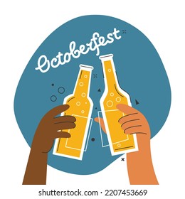 Two friends toast with bottles of light beer. People celebrating Oktoberfest festival. Have a beer with your friends. Design for banner, poster, greeting cards, web, party invitations. Cartoon style