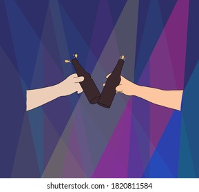 Two friends toasting with bottle of light beer at the pub. Friendship concept with young people having fun together at cool vintage pub