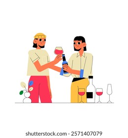 Two Friends Toasting With Wine Glasses In Flat Vector Illustration Symbolizing Celebration, Friendship, And Bonding, Isolated On White Background.