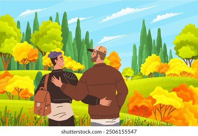 Two friends walking arm in arm through a vibrant autumn forest. The trees are bursting with bright yellow, orange, and green leaves, creating a warm and inviting natural setting.