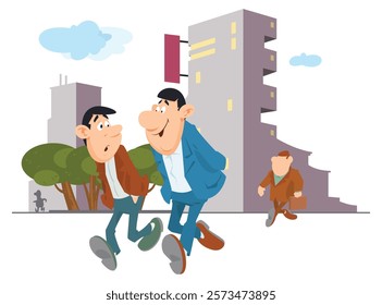 Two friends walking city talking. Funny people. Illustration concept template for website, web landing page, banner, presentation, social, poster, promotion or print media.